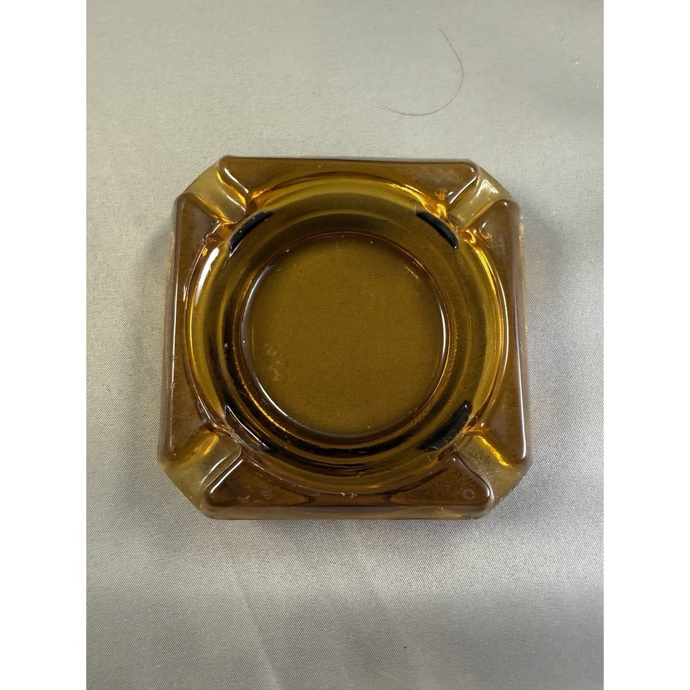 Vintage 70's Glass Square Ashtray Gold Amber Mid-Century Modern Retro‎ 3.75" VGC
